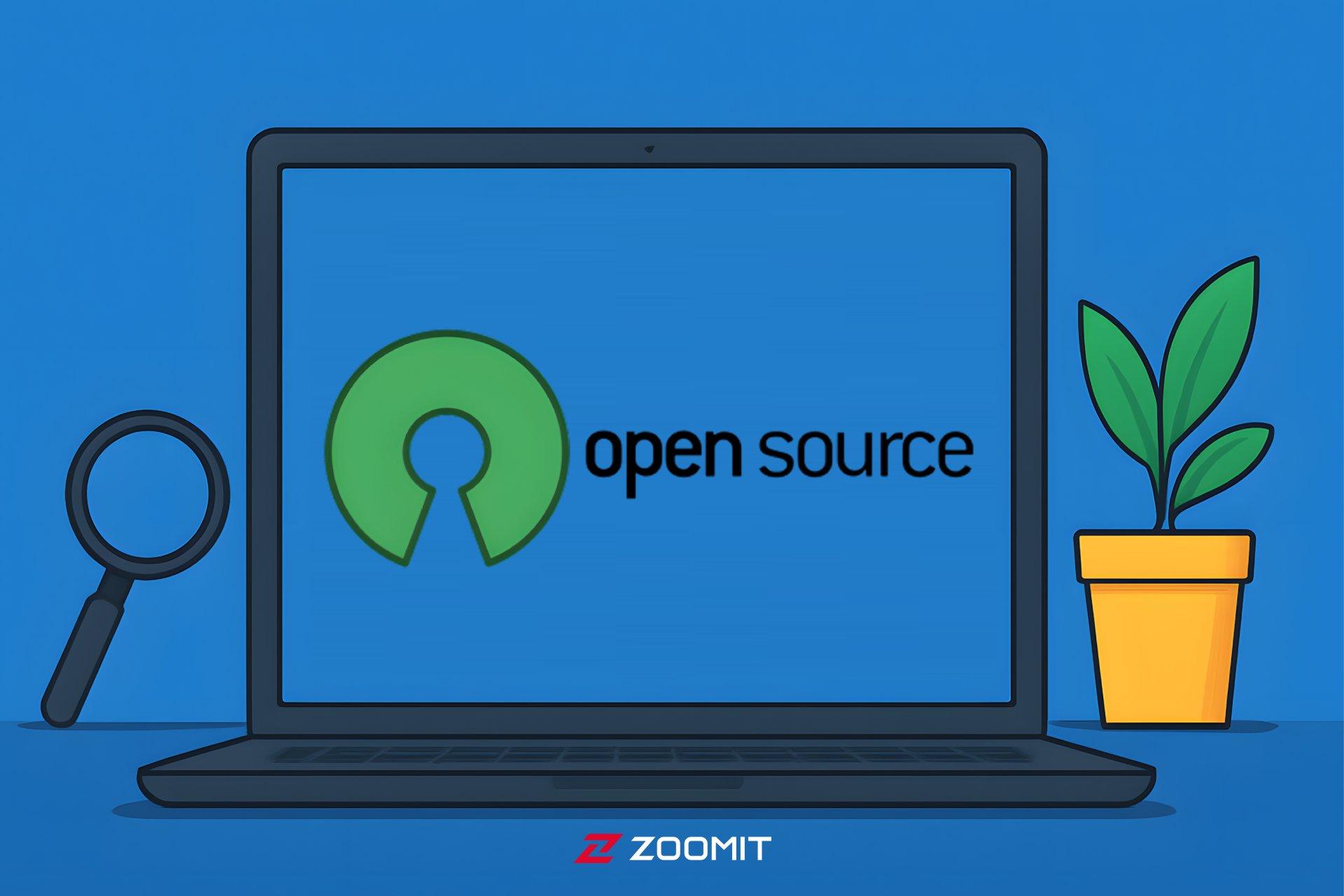 لپ تاپ درحال نمایش لوگو Open Source با ذره بین و گلدان