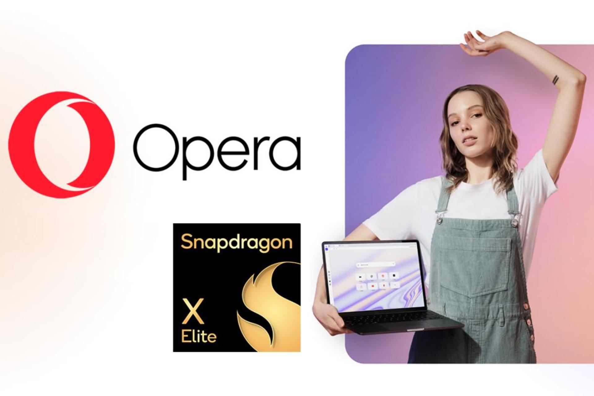 زن جوان با لپ تاپ در دست و لوگو مرورگر اپرا و تراشه اسنپدراگون ایکس الیت