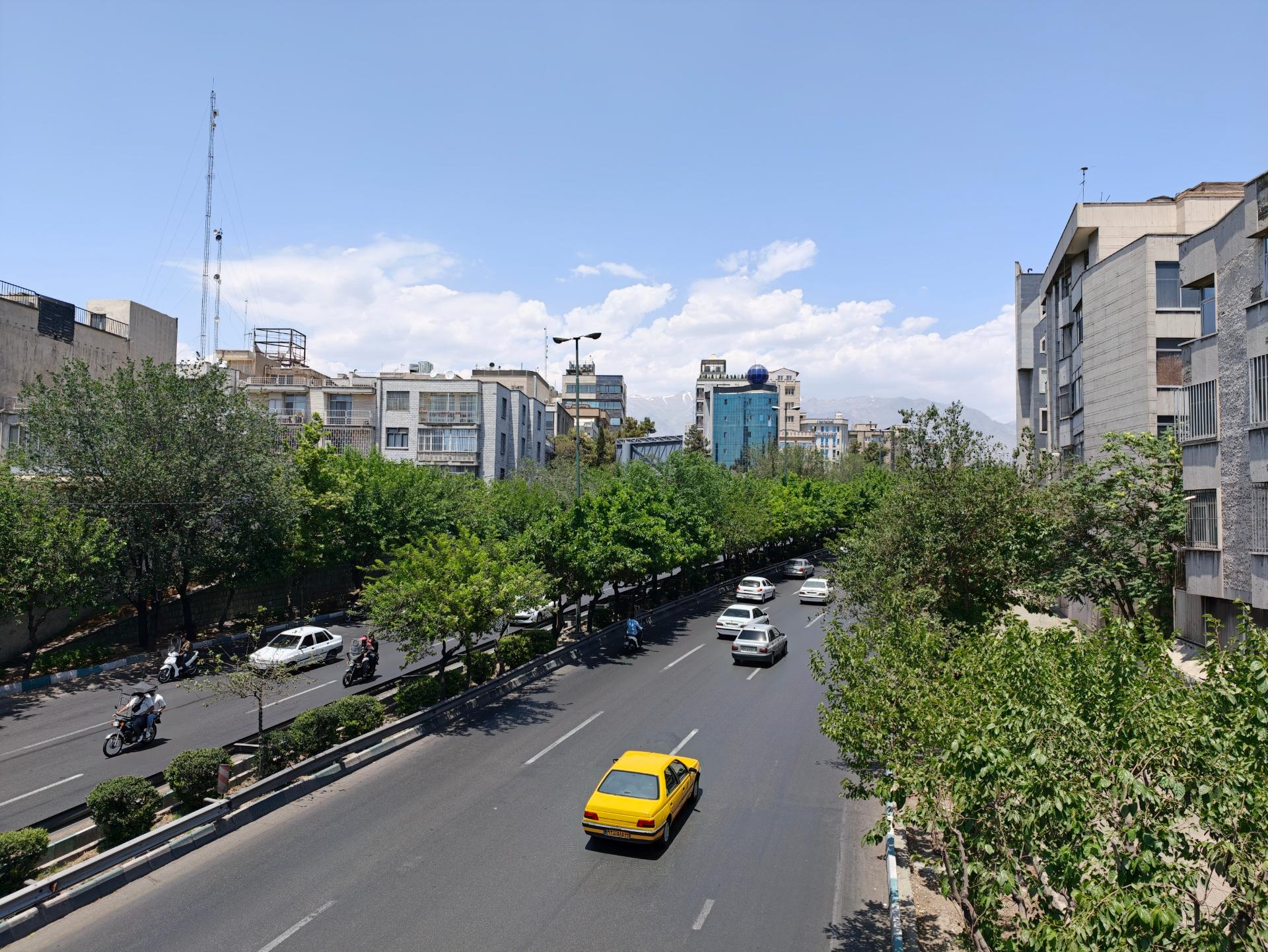 بلوار پردرخت با خودروهای در حال حرکت در میان ساختمان‌های شهری