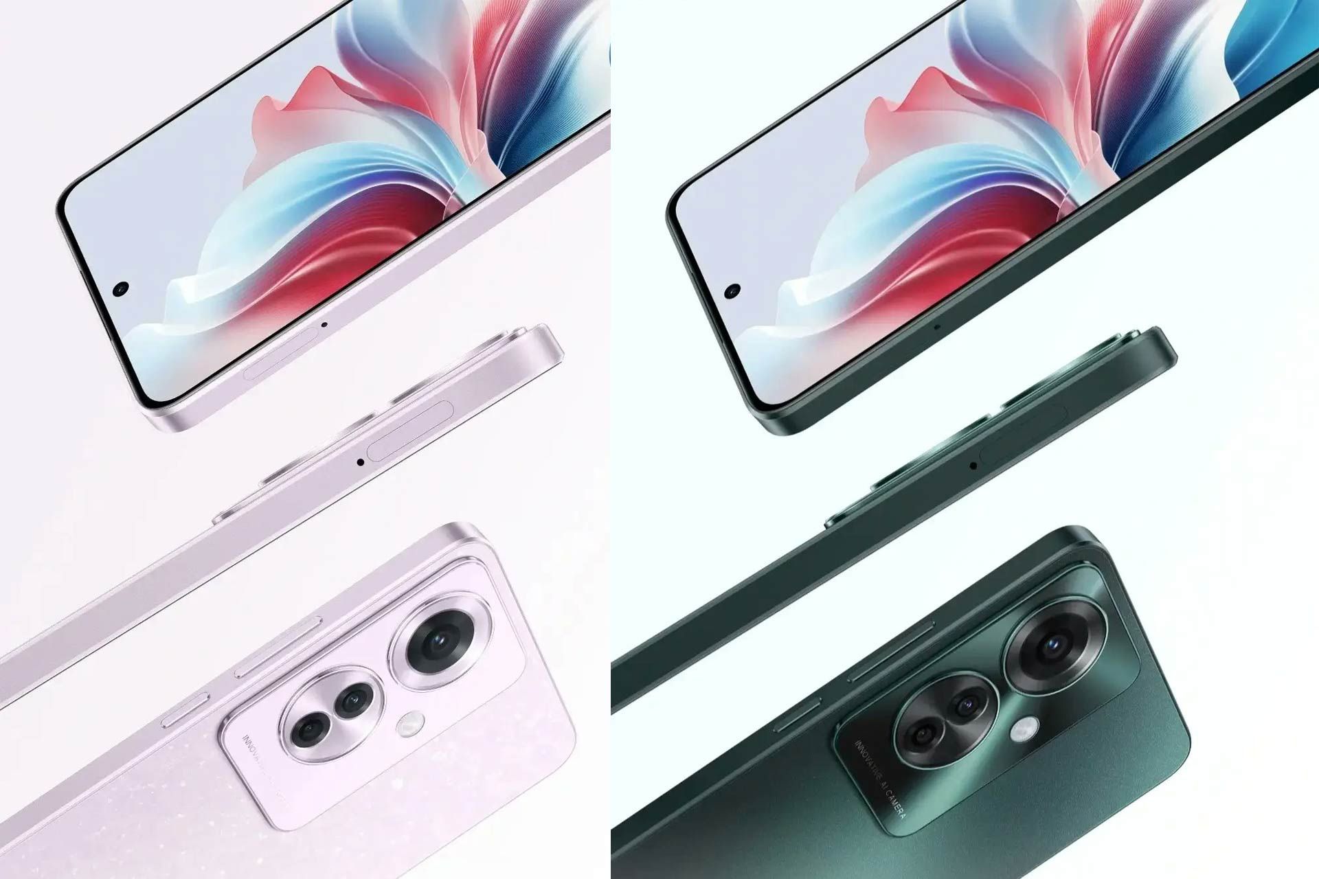 گوشی رینو ۱۱ اف 5G در نمای جلو، پشت و کناره‌ی گوشی رنگ سبز و صورتی