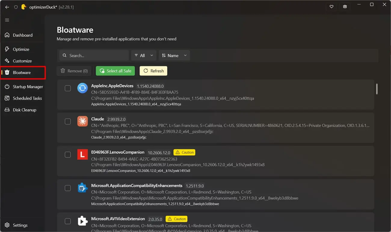 فهرست برنامه‌های Bloatware در محیط کاربری نرم‌افزار optimizerDuck برای حذف اپلیکیشن‌های پیش‌فرض