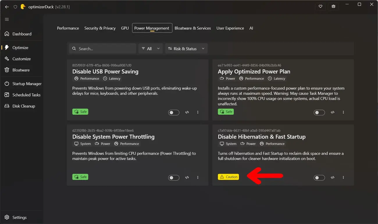 پنل مدیریت توان (Power Management) در نرم‌افزار optimizerDuck برای بهینه‌سازی ویندوز