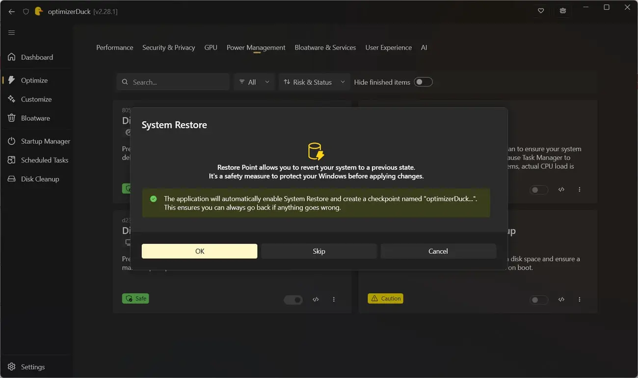 پنجره پاپ‌آپ System Restore در نرم‌افزار optimizerDuck برای بازیابی ویندوز
