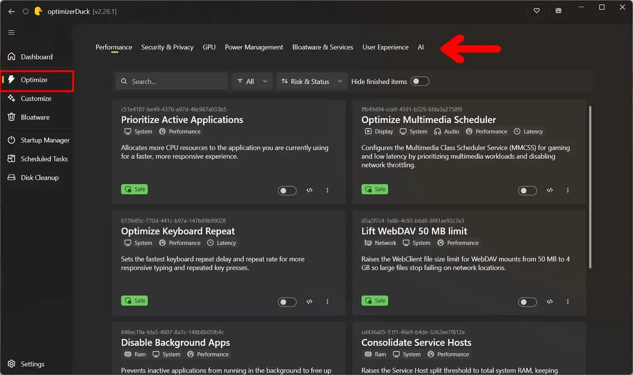 پنل تنظیمات بخش User Experience در نرم‌افزار optimizerDuck برای بهینه‌سازی ویندوز