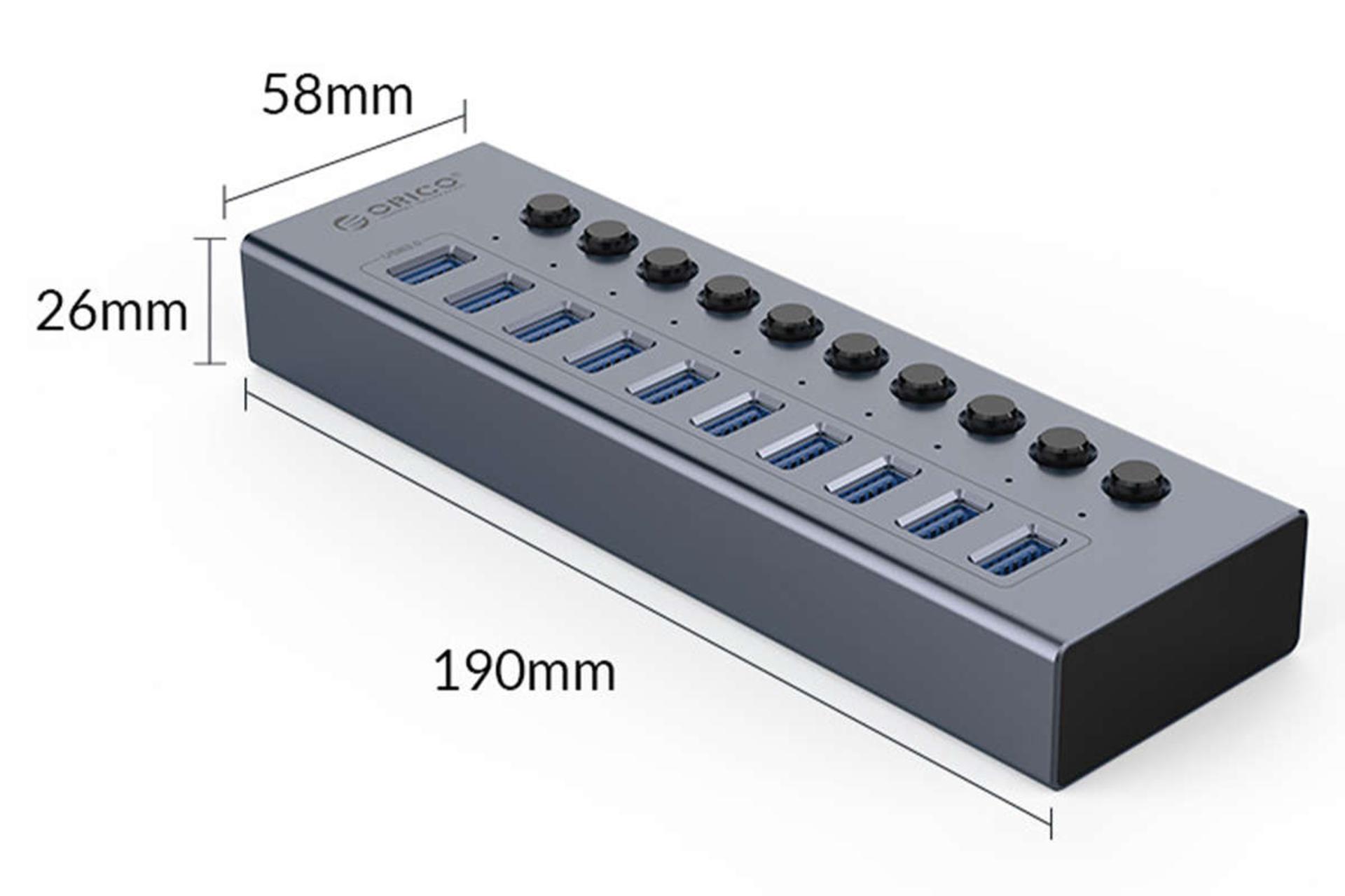 ابعا و اندازه هاب USB-A اوریکو 10 پورت مدل BT2U3-10AB
