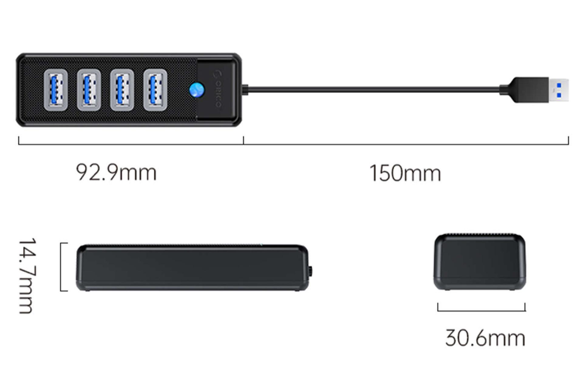 ابعاد و اندازه هاب USB-C اوریکو 4 پورت مدل PW4U-U3 رنگ مشکی