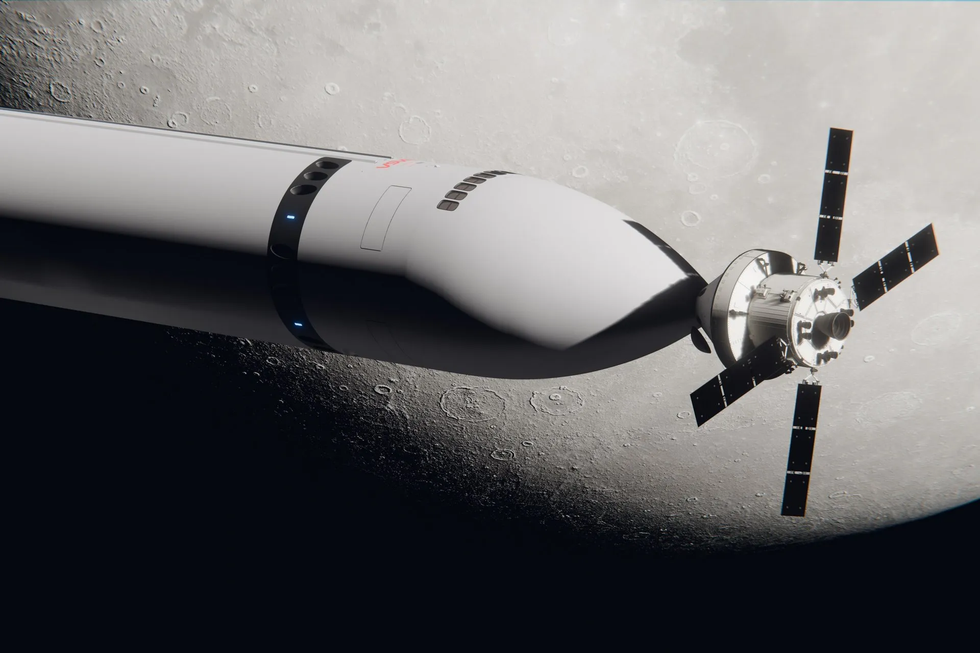 طرح گرافیکی از کانسپت سیستم فرود سرنشین‌دار استارشیپ (Starship HLS) متعلق به اسپیس ایکس در حال اتصال مستقیم به فضاپیمای اوراین.