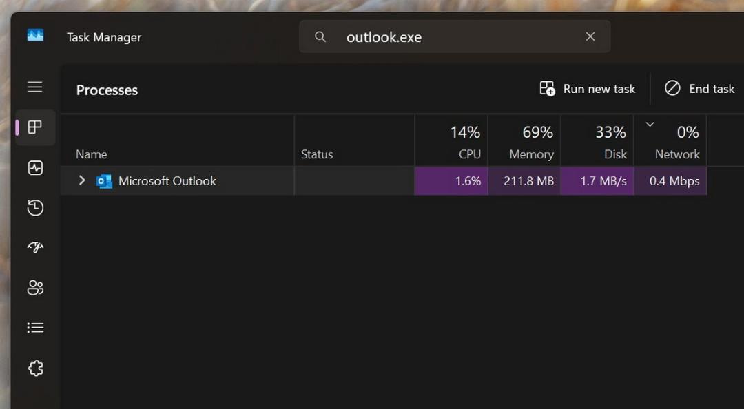 برنامه Outlook در Task Manager