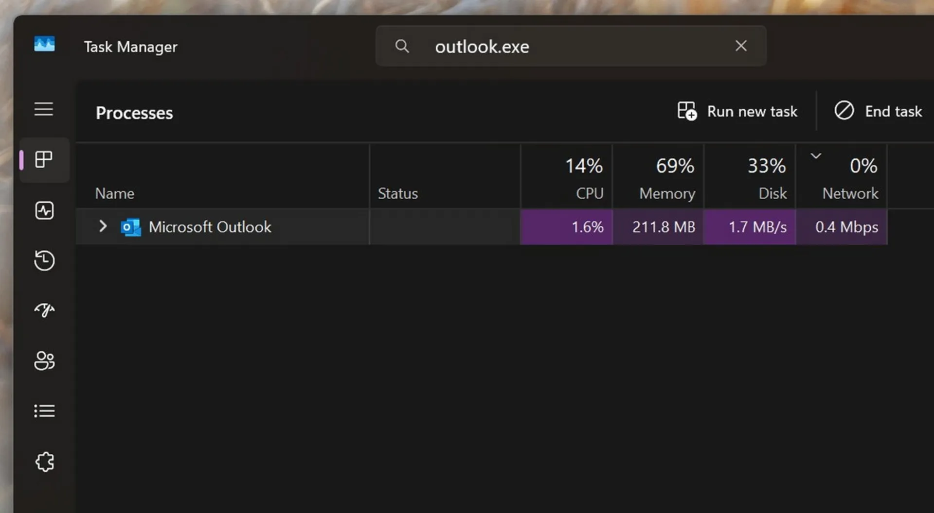 برنامه Outlook در Task Manager