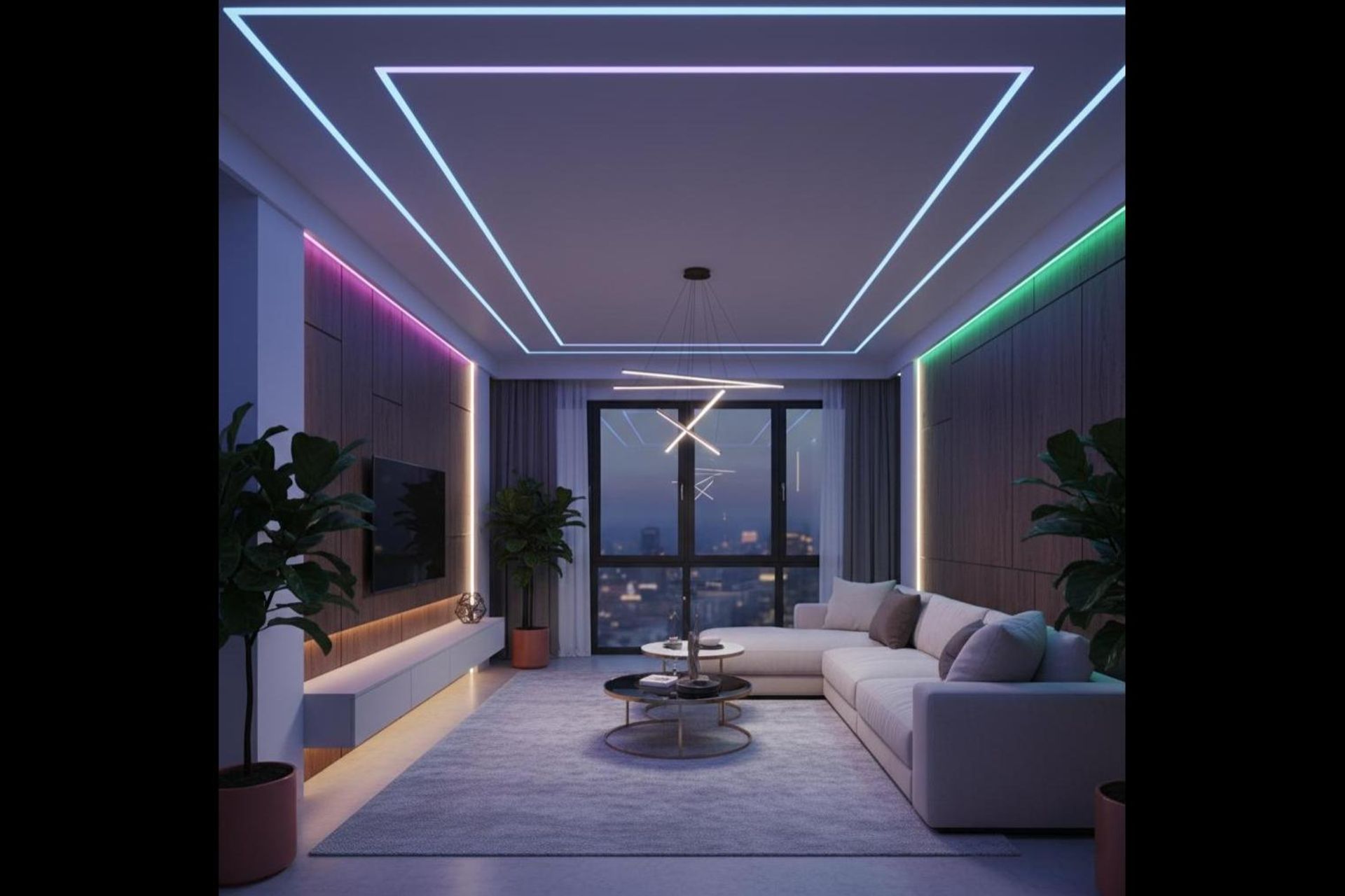 طراحی سقف پذیرایی با لاین نوری و نور RGB