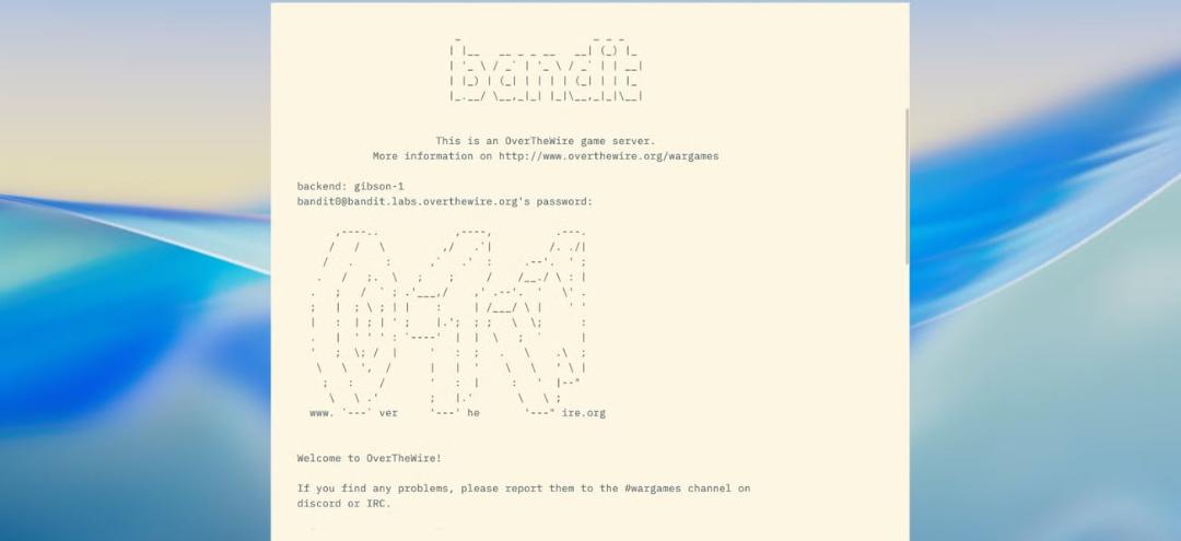 رابط کاربری خط فرمان سرور بازی Bandit wargame در محیط ترمینال