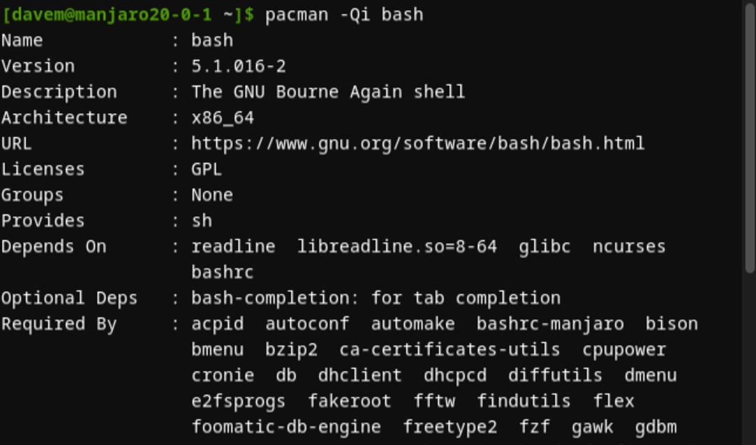 دستور pacman -Qi bash و خروجی آن در آرچ