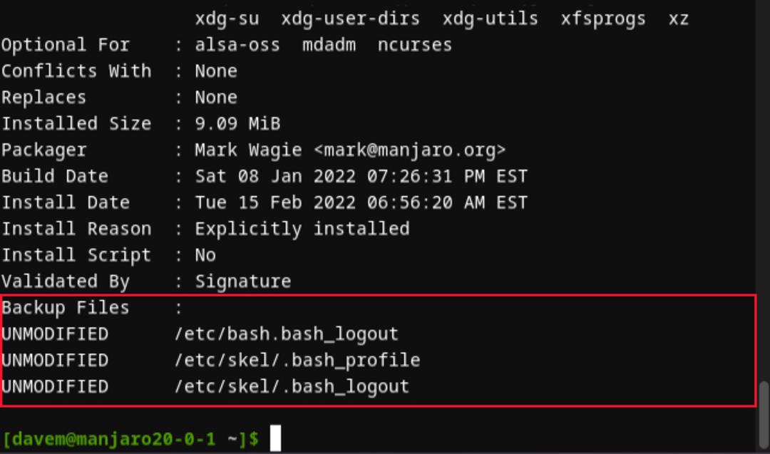 خروجی دستور pacman -Qii bash در آرچ