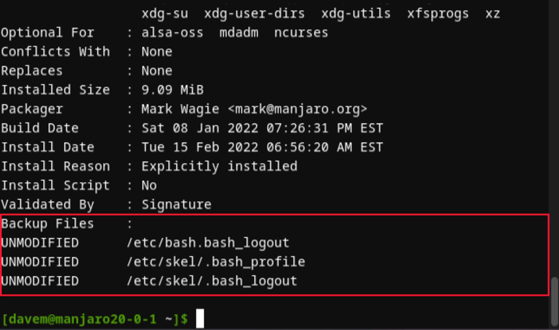 خروجی دستور pacman -Qii bash در آرچ