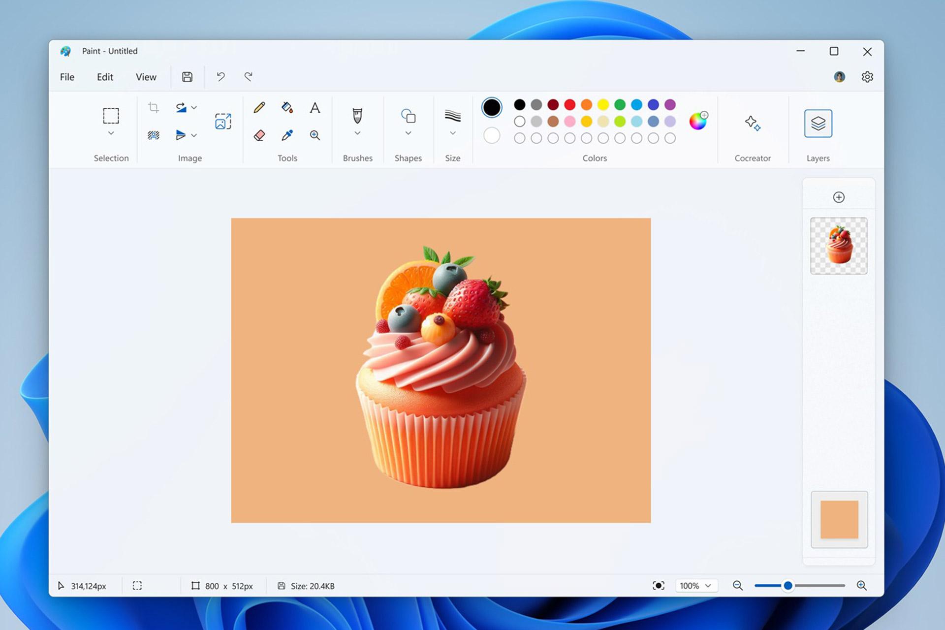 تصویری از یک کاپ کیک برنامه‌ی پینت و گزینه‌ی تغییر رنگ پس‌زمینه