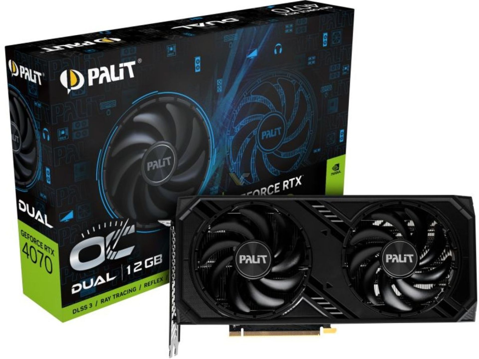 کارت گرافیک انویدیا Pallit Geforce-RTX-4070-GDDR6 کنار جعبه