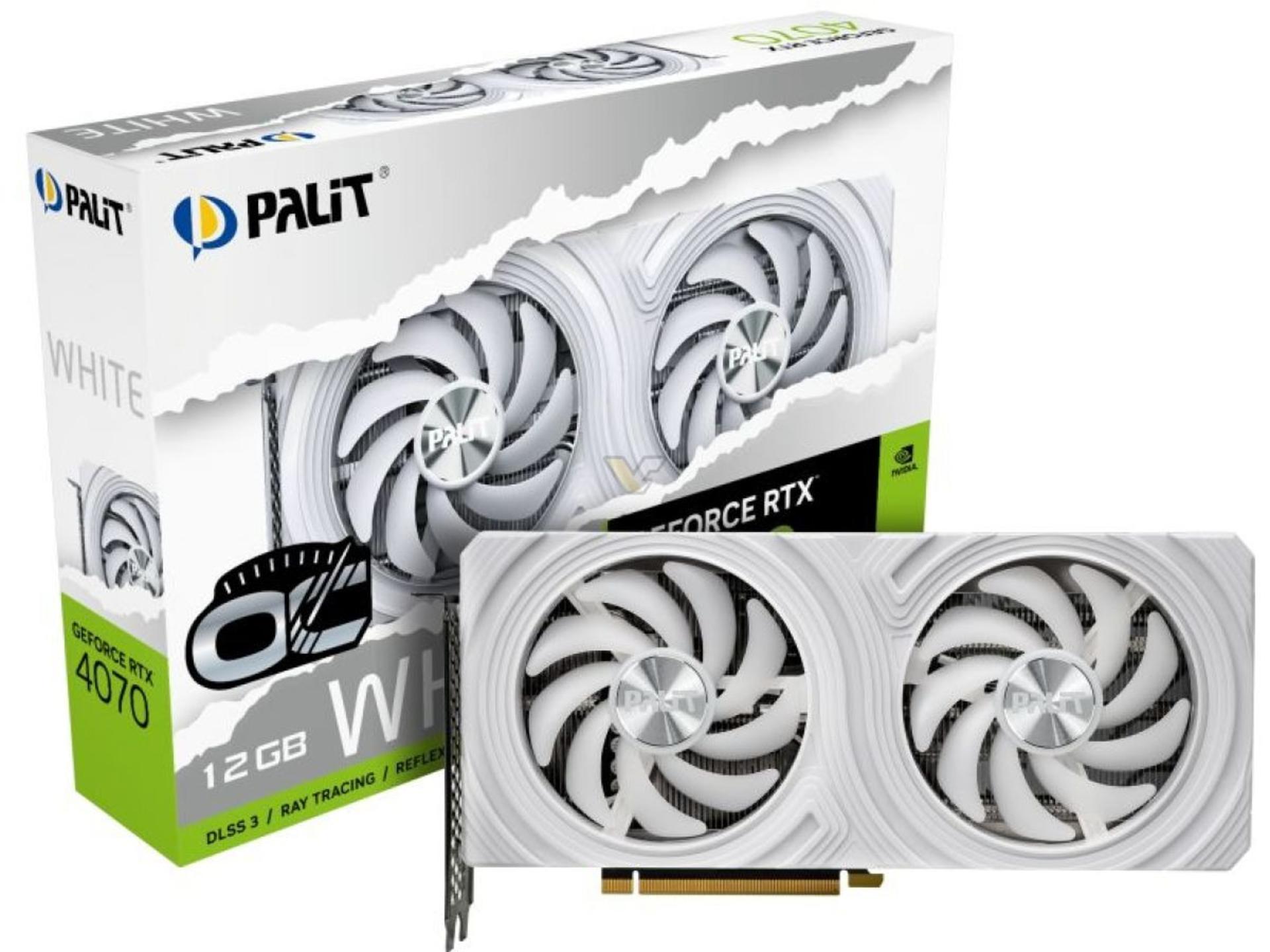 کارت گرافیک انویدیا Pallit Geforce-RTX-4070-GDDR6 سفید کنار جعبه