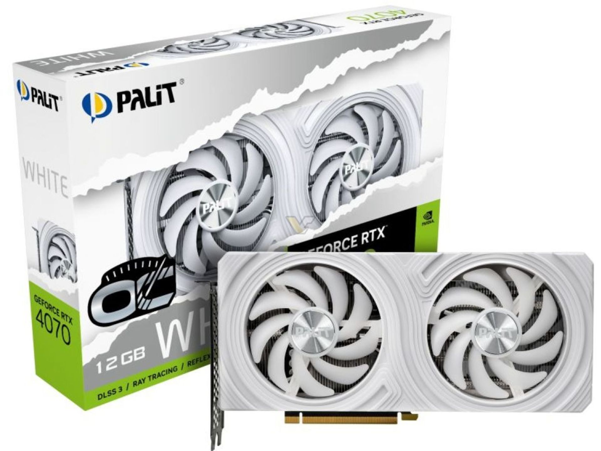 کارت گرافیک انویدیا Pallit Geforce-RTX-4070-GDDR6 سفید کنار جعبه