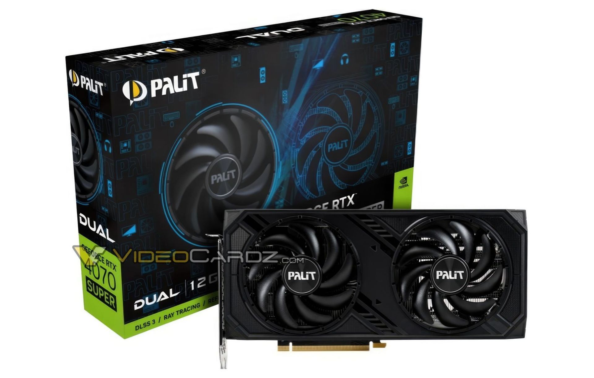 کارت گرافیک سفارشی دوفنه‌ی پلیت RTX 4070 Super در کنار جعبه