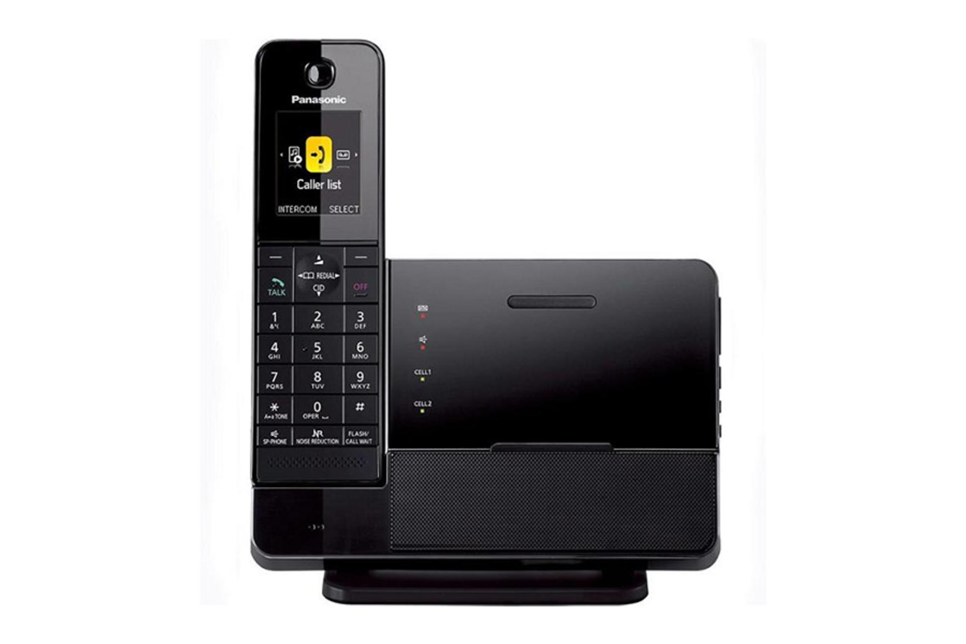 نمای رو به روی تلفن پاناسونیک KX-PRL260 با نمایش پایه و گوشی بی سیم رنگ مشکی