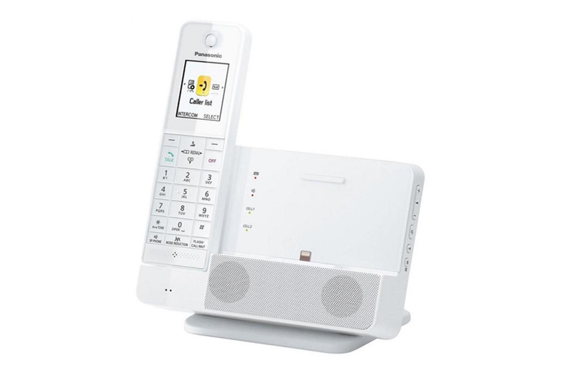 نمای نیمرخ تلفن پاناسونیک KX-PRL260 با نمایش پایه و گوشی بی سیم رنگ سفید