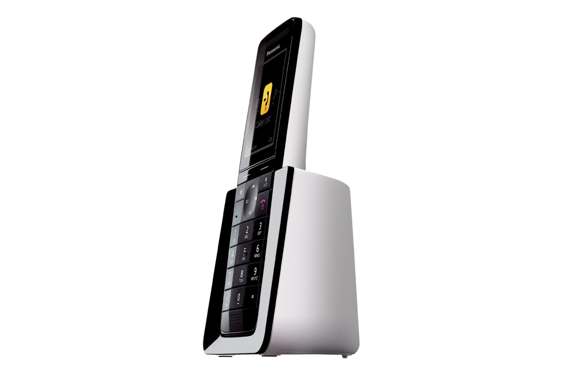 نمای نیمرخ تلفن پاناسونیک KX-PRS110 با نمایش لبه سمت راست پایه و گوشی بی سیم