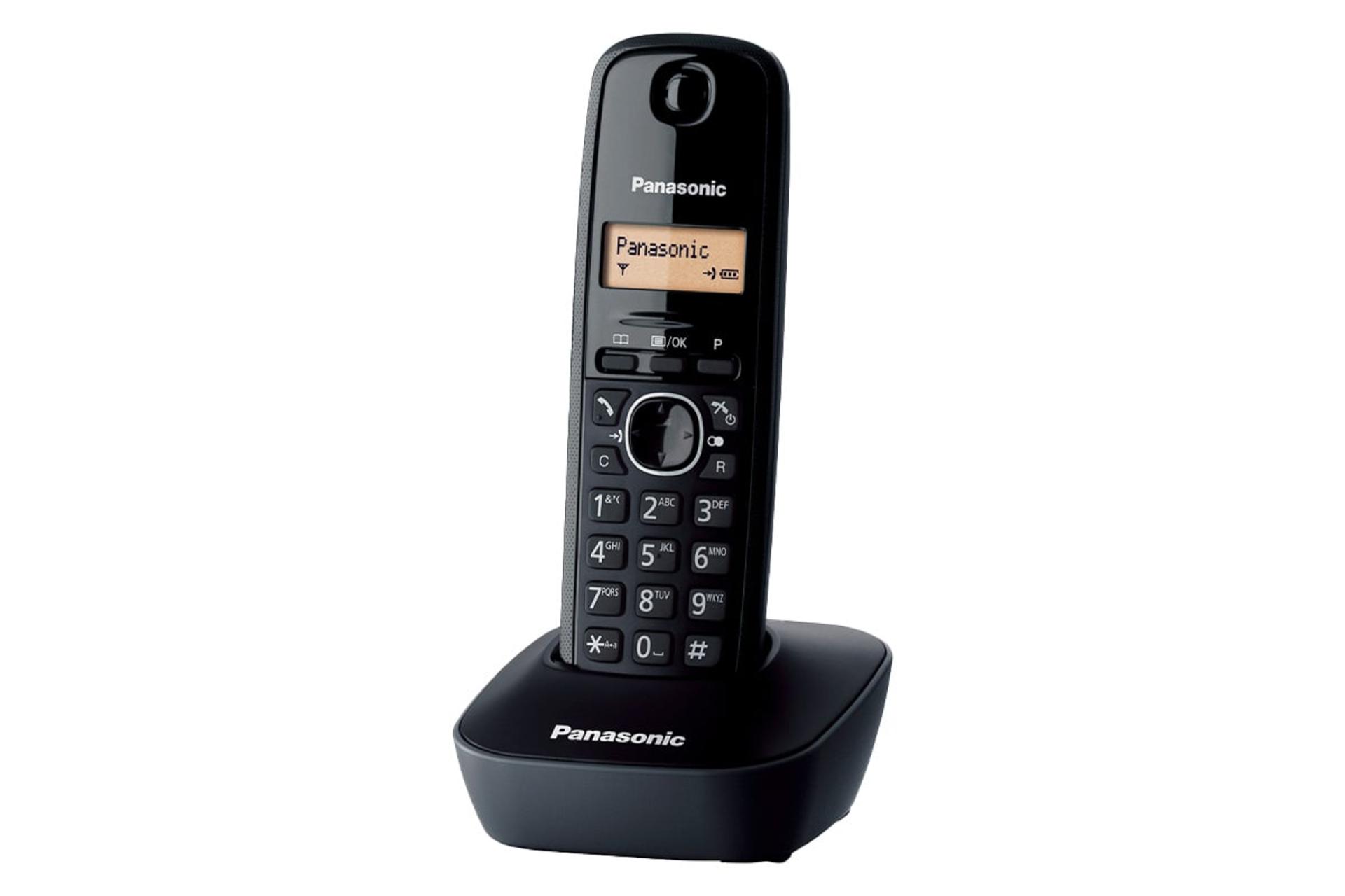 نمای نیمرخ تلفن پاناسونیک KX-TG1613 با نمایش لبه سمت راست پایه و گوشی و نمایشگر روشن