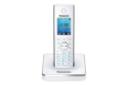 نمای رو به روی تلفن پاناسونیک KX-TG8551 با نمایشگر روشن و نمایش پایه اصلی و گوشی بی سیم رنگ سفید