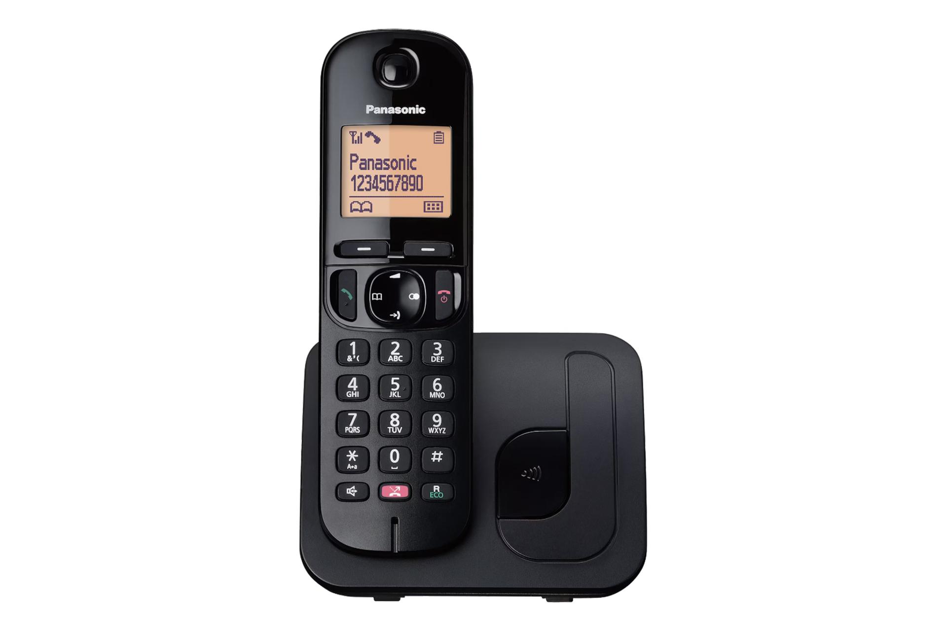 نمای رو به روی تلفن پاناسونیک KX-TGC250 با نمایشگر روشن و نمایش پایه تلفن رنگ مشکی