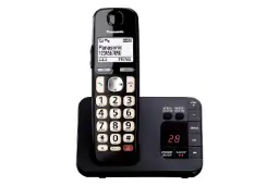 نمای کلی تلفن پاناسونیک KX-TGE820 با نمایش گوشی و پایه و نمایش دکمه ها رنگ مشکی