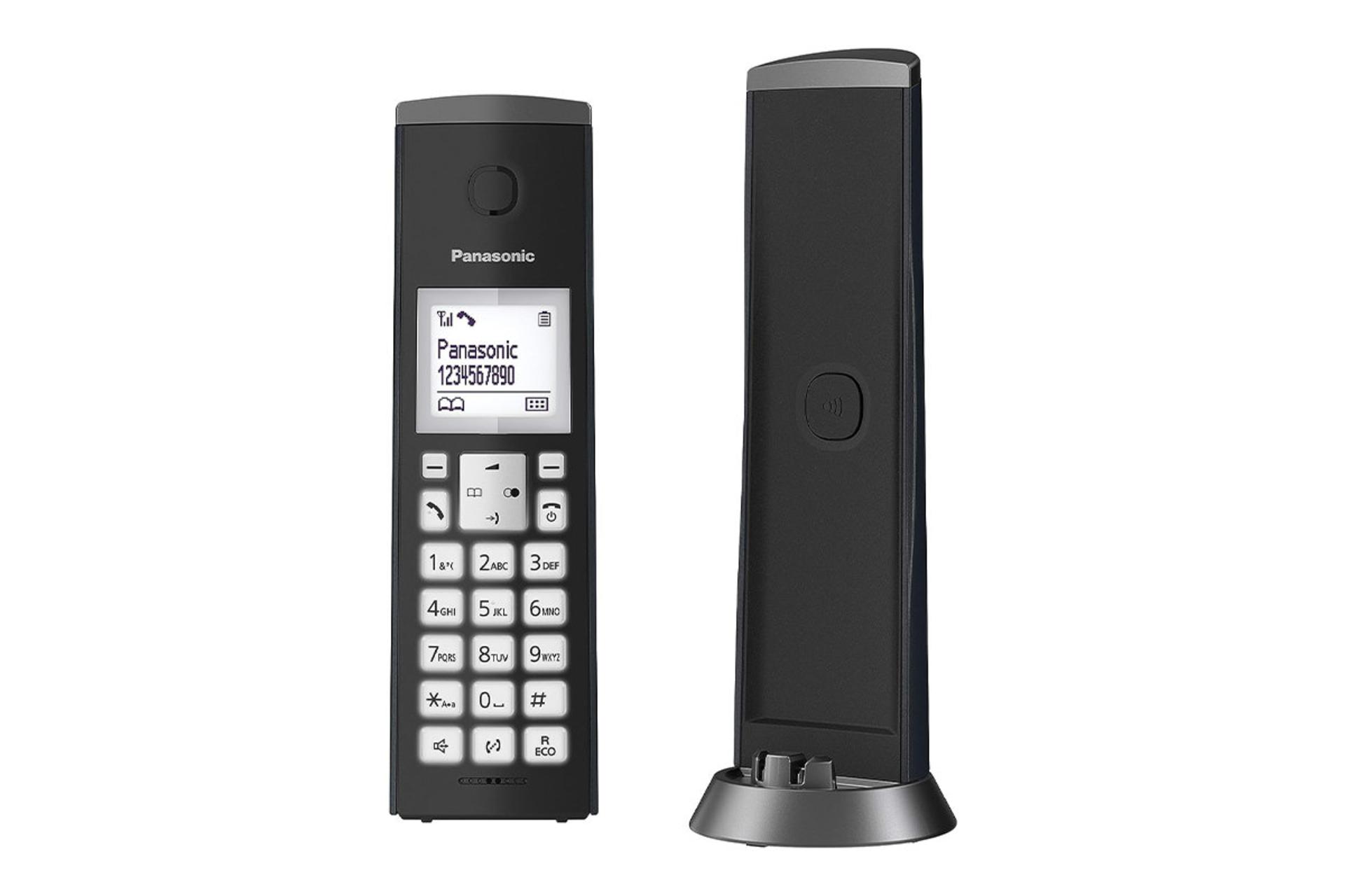 نمای رو به روی تلفن پاناسونیک KX-TGK220 با نمایش پایه و گوشی بی سیم رنگ مشکی