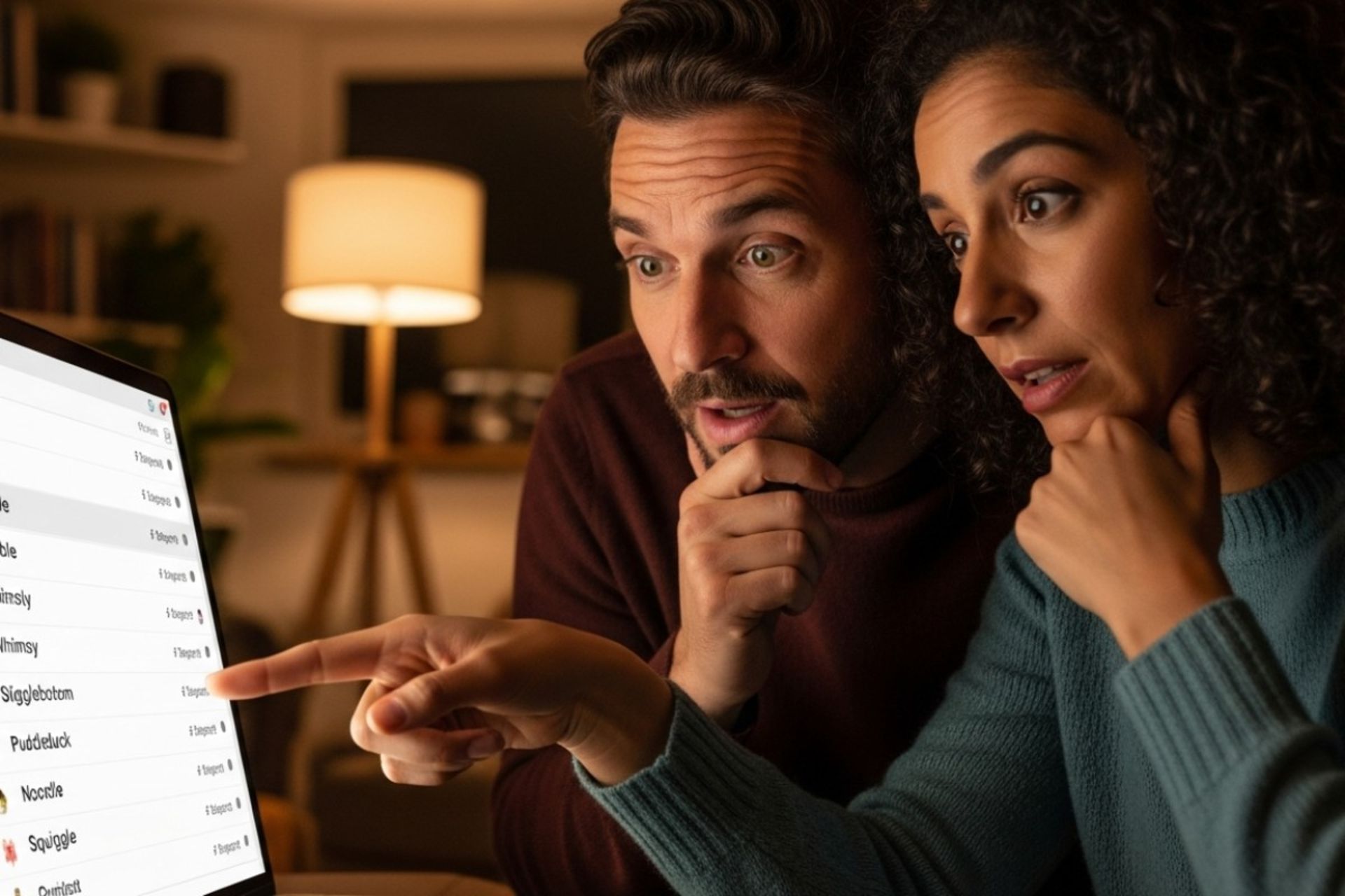 والدین به صفحه لپ‌تاپی نگاه می‌کنند که فهرستی از نام‌های نوزادان تولیدشده توسط هوش مصنوعی را نشان می‌دهد.