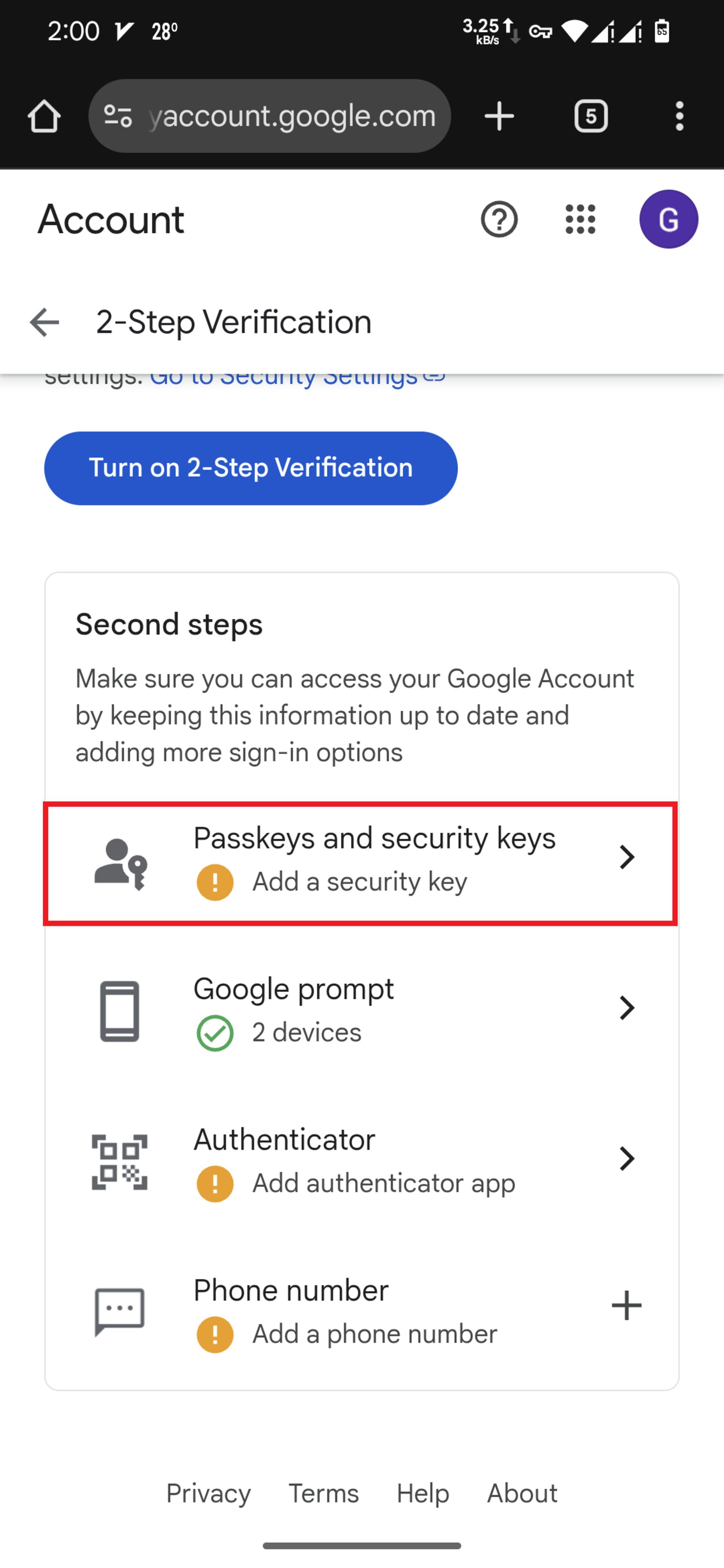 بخش passkey and security keys در حساب گوگل
