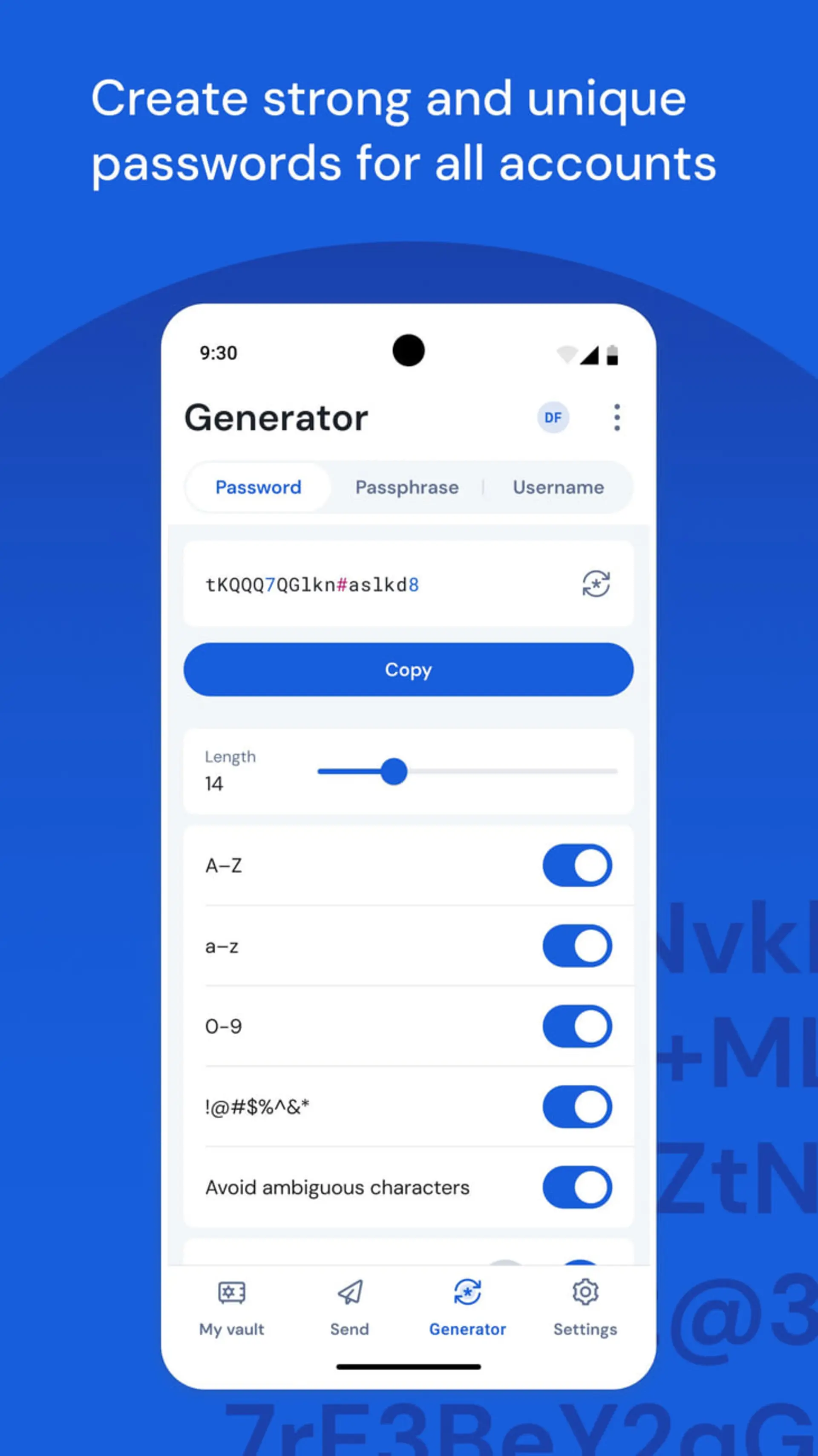 رابط کاربری اپلیکیشن تولید رمز عبور با تنظیمات طول و نوع کاراکترها