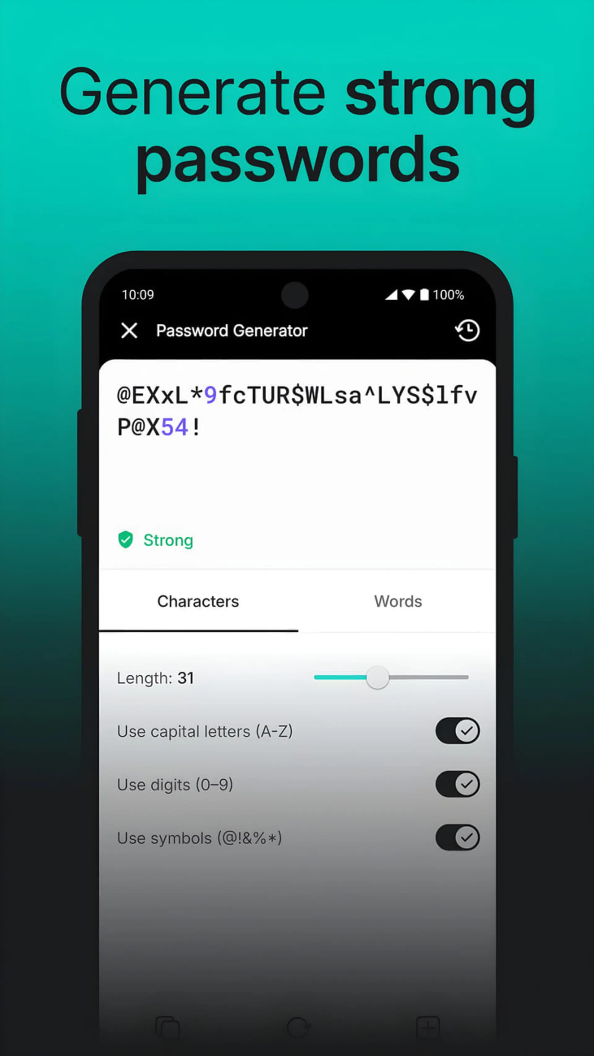 رابط کاربری اپلیکیشن Password Generator برای ساخت رمزهای عبور پیچیده و امن