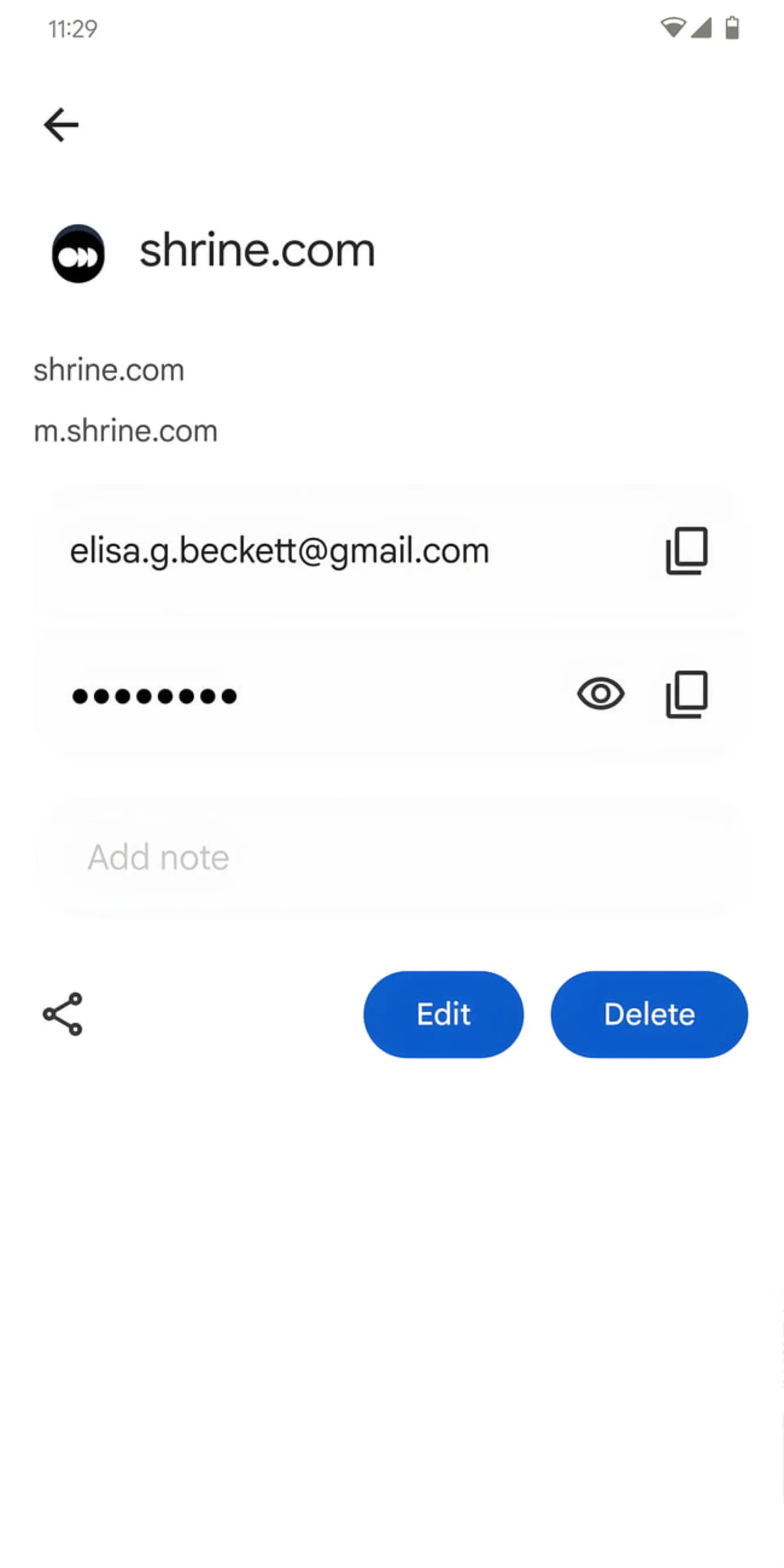 نمای جزئیات ذخیره شده در یک اپلیکیشن مدیریت پسورد (Password Manager)