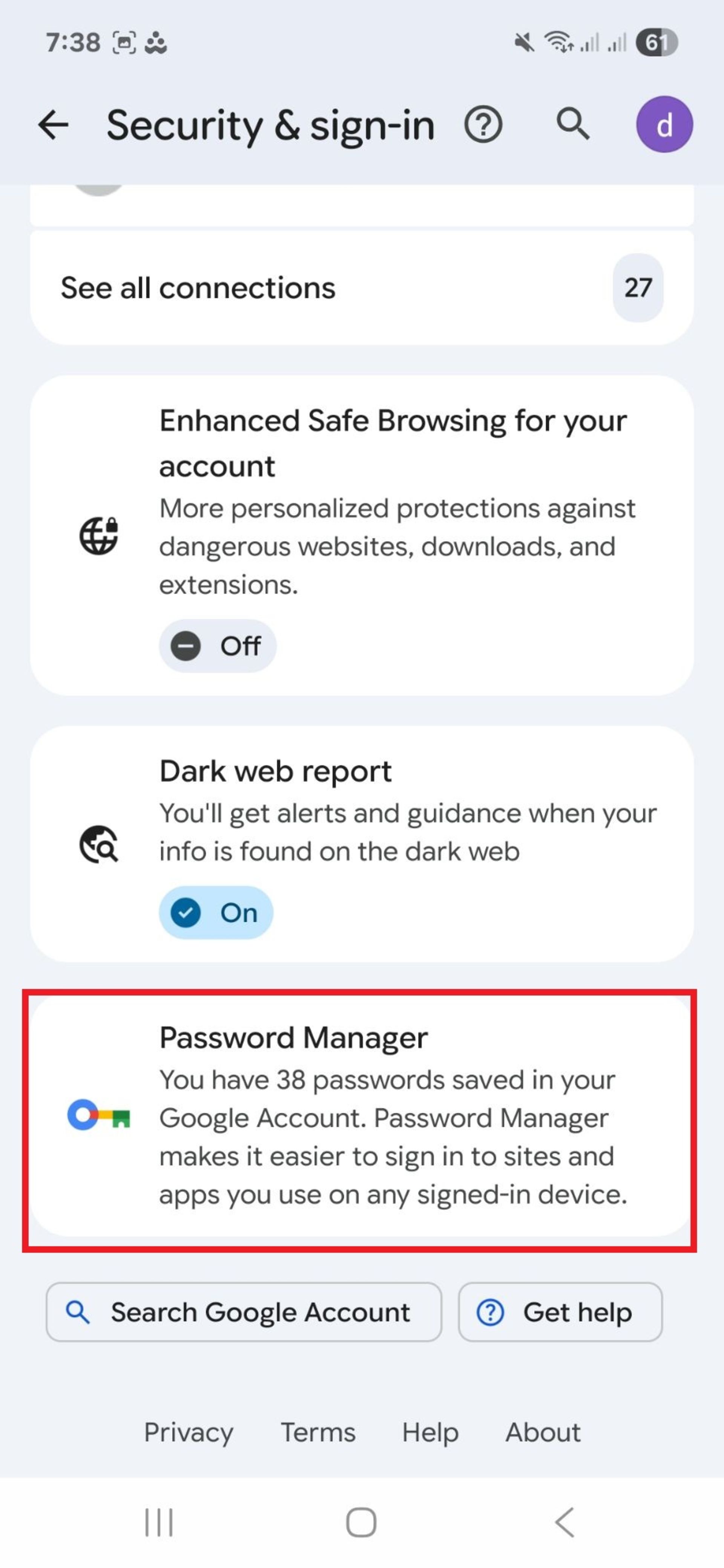 مدیریت پسوردها در تنظیمات