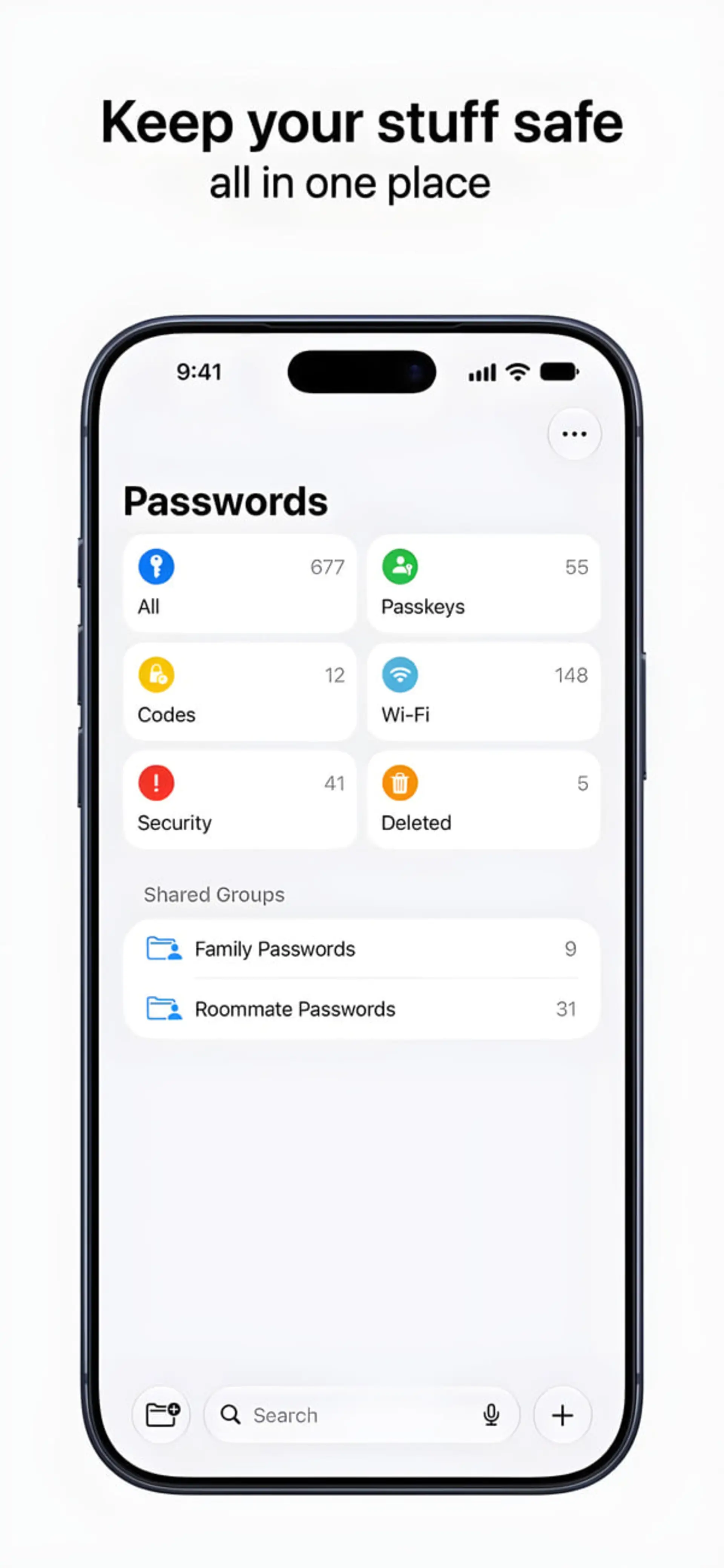 رابط کاربری مدیریت پسورد (Passwords) در صفحه نمایش یک گوشی هوشمند