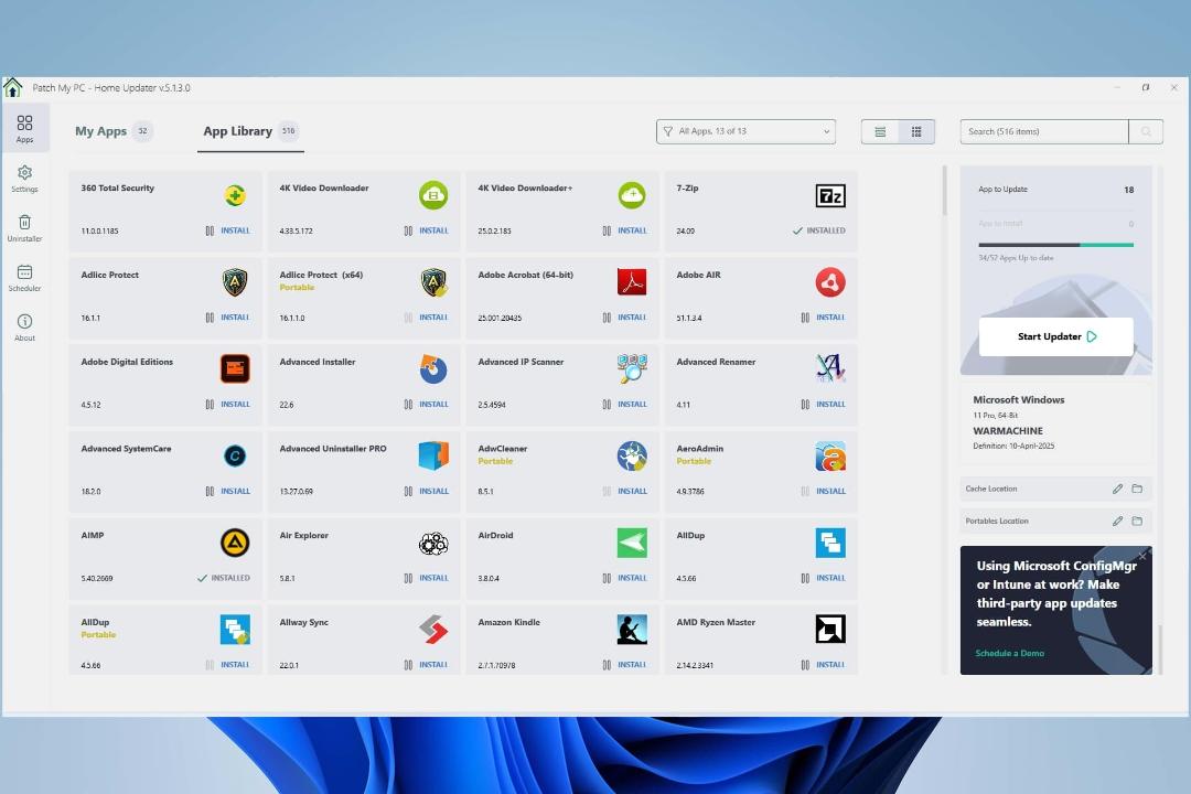 صفحه‌ی نصب نرم‌افزارهای جدید در برنامه‌ی Patch My PC Home