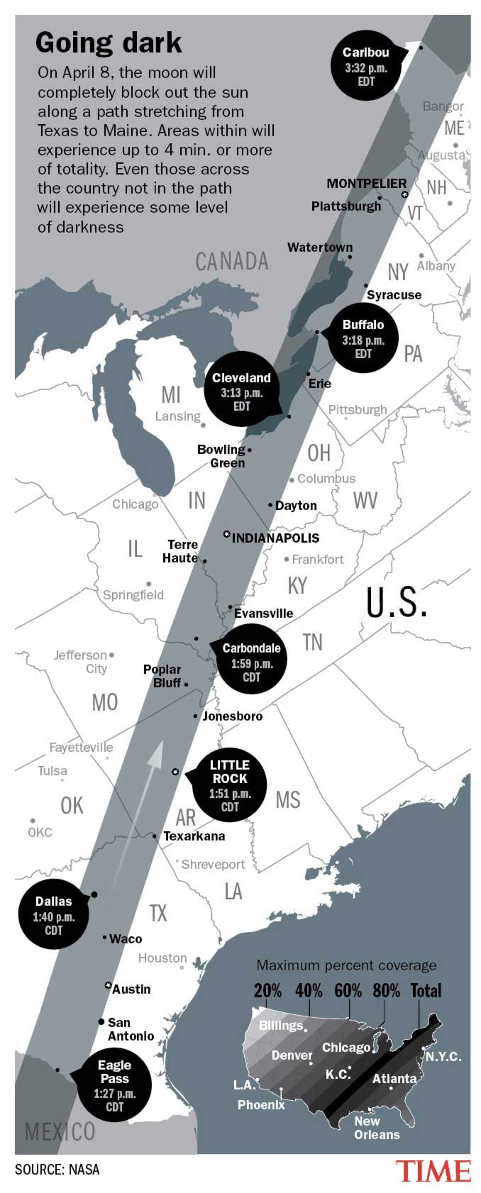 مسیر خورشیدگرفتگی کامل ۸ آوریل ۲۰۲۴ در ایالات متحده