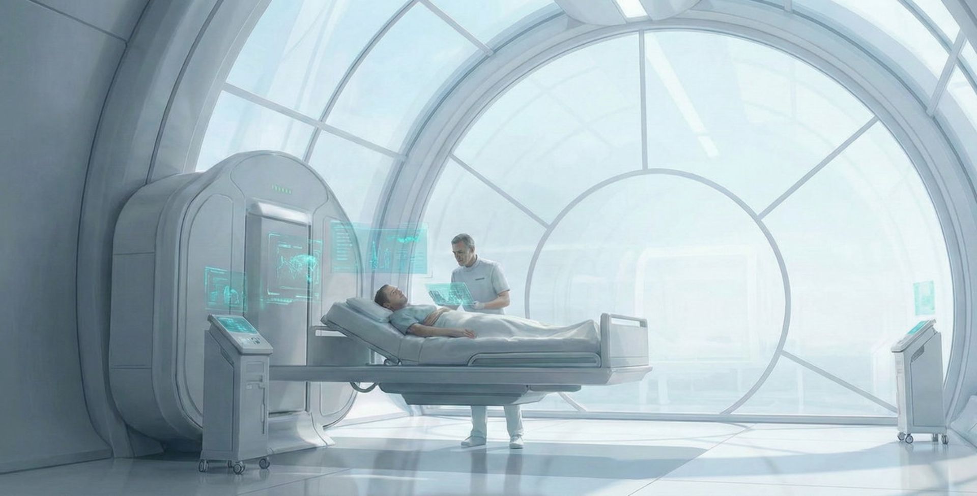 مردی در بیمارستان با دیوار شیشه‌ای و پزشکی  بر بالین او