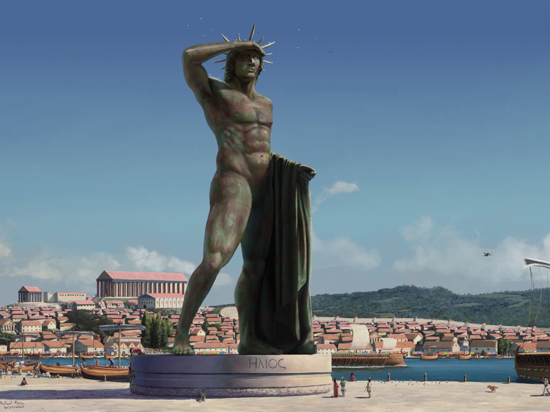 تصویرسازی هنرمند از تندیس تخریب شده غول رودس در یونان