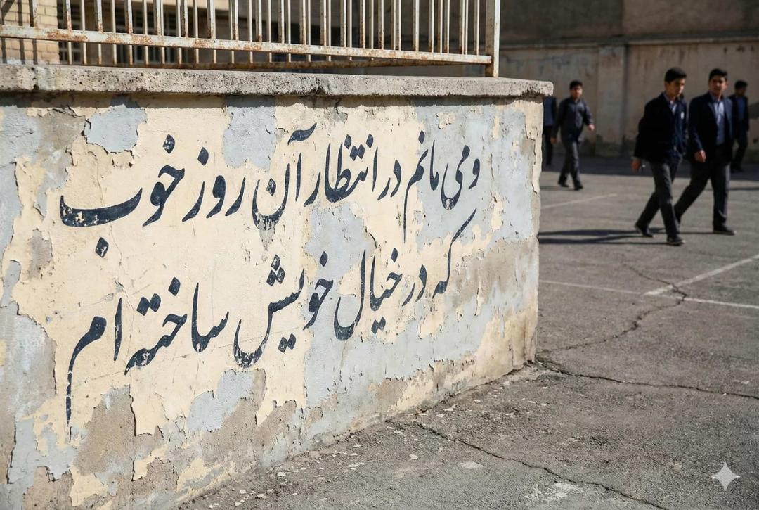 یک متن دیوار نویسی روی دیوار یک مدرسه در ایران