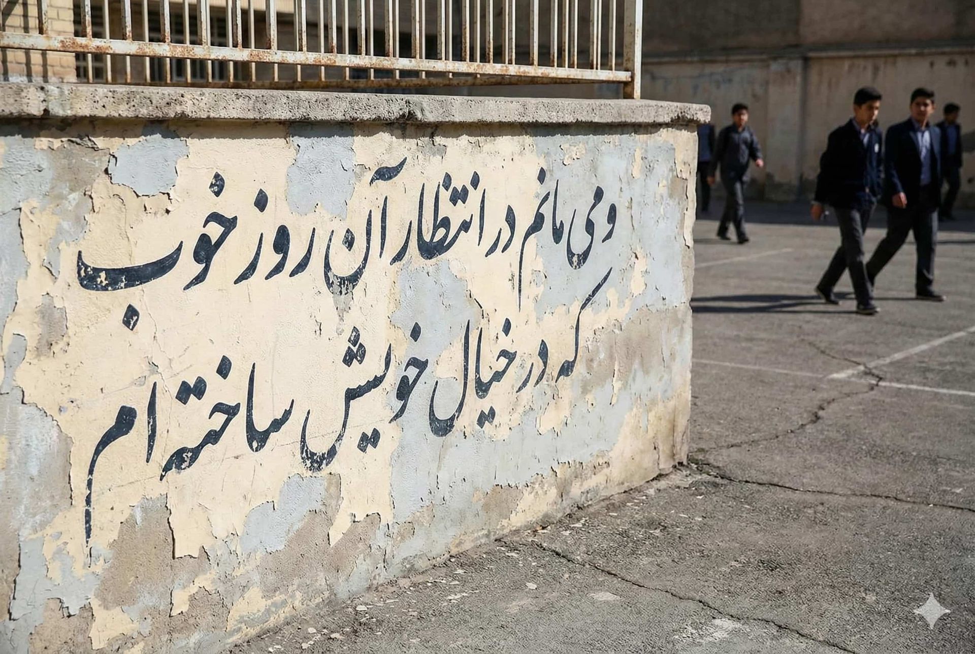 یک متن دیوار نویسی روی دیوار یک مدرسه در ایران