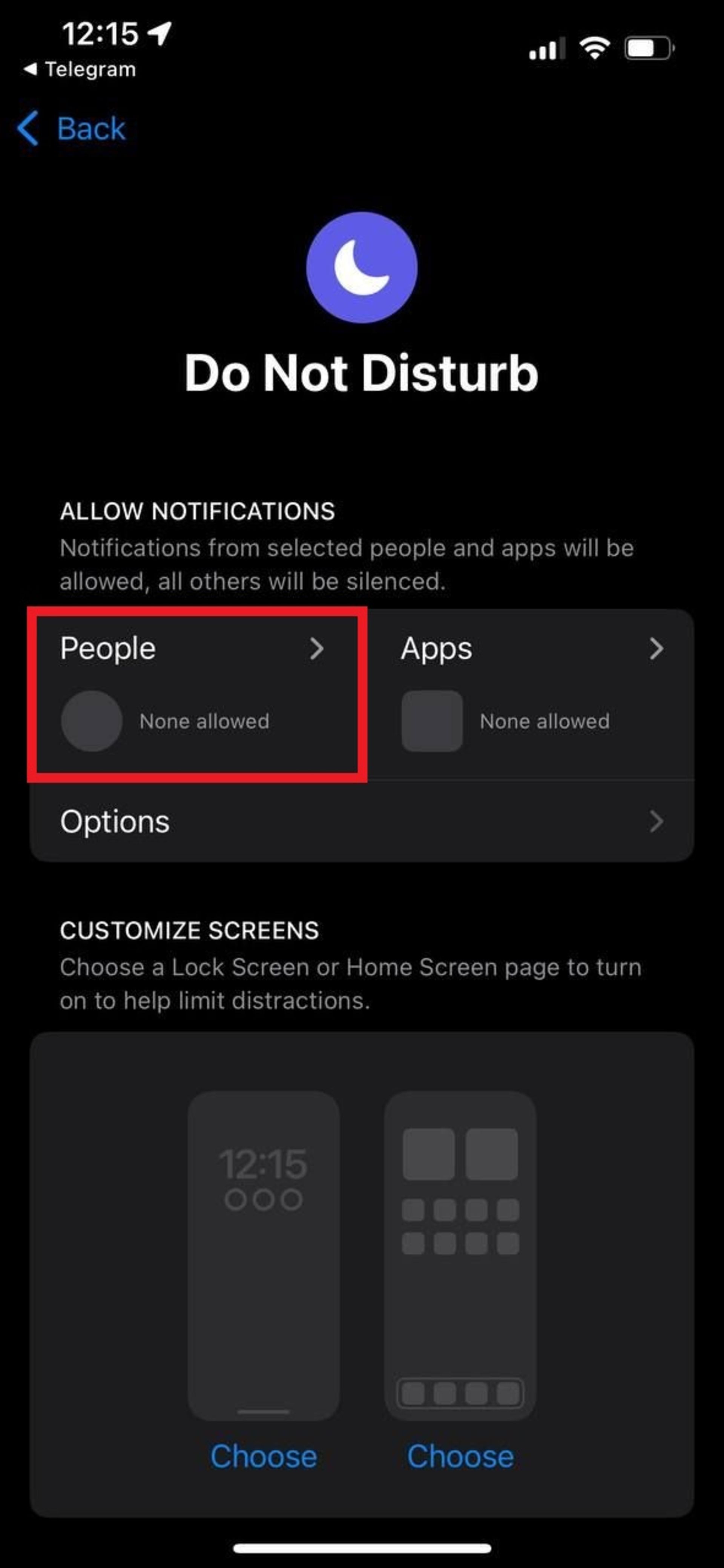 گزینه‌ی people در do not disturb گوشی آیفون