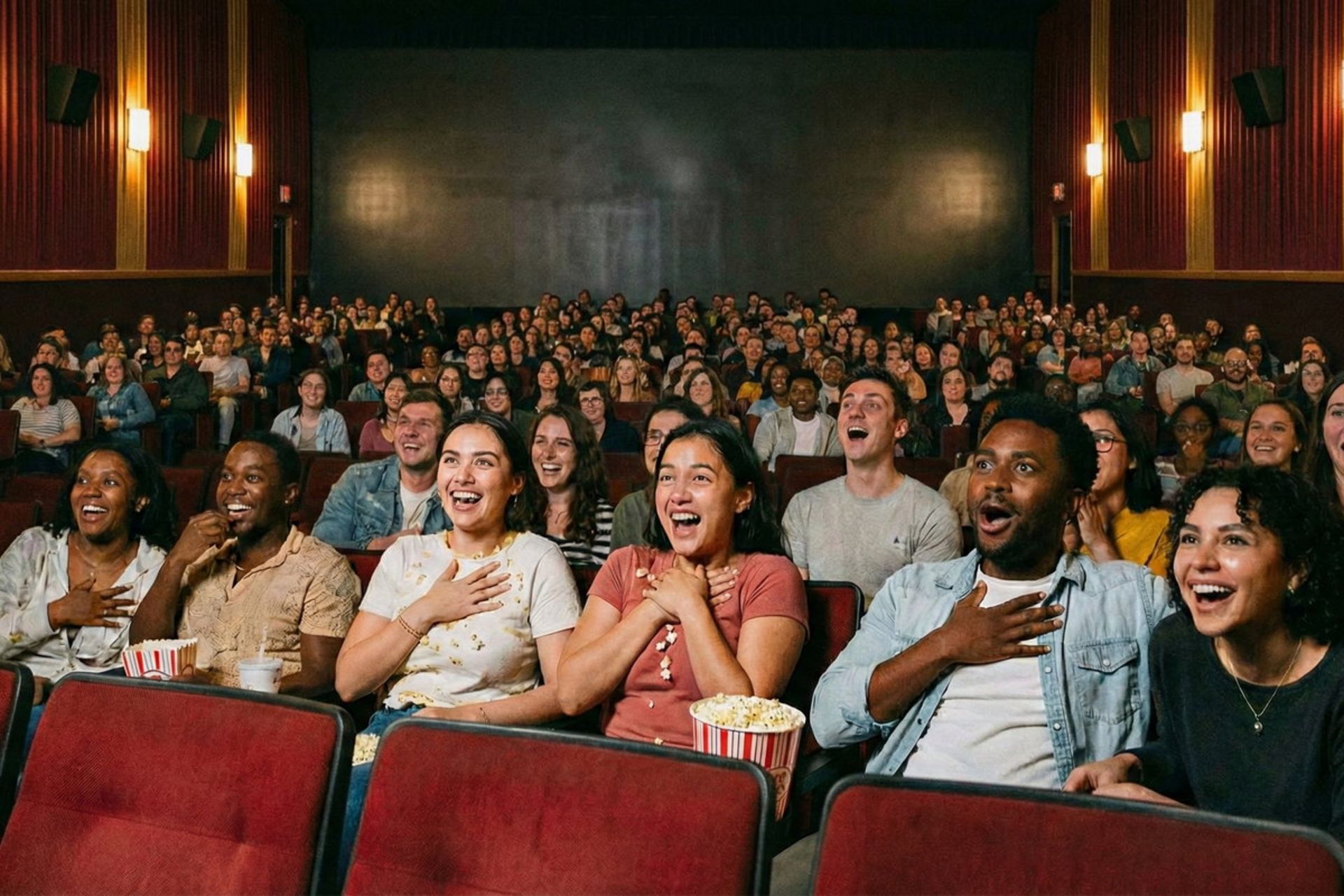 گروهی در حال تعجب، ترس و خنده از تماشای فیلم ترسناک