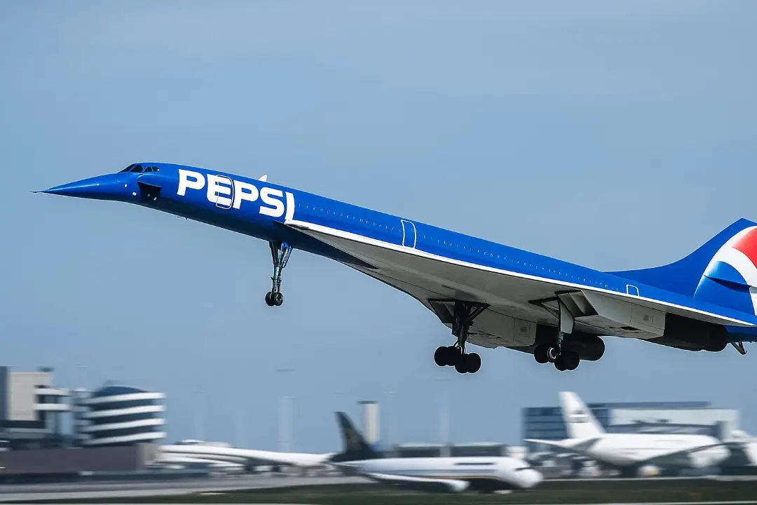هواپیمای کنکورد به رنگ آبی و تبلیغ پپسی در حال بلند شدن