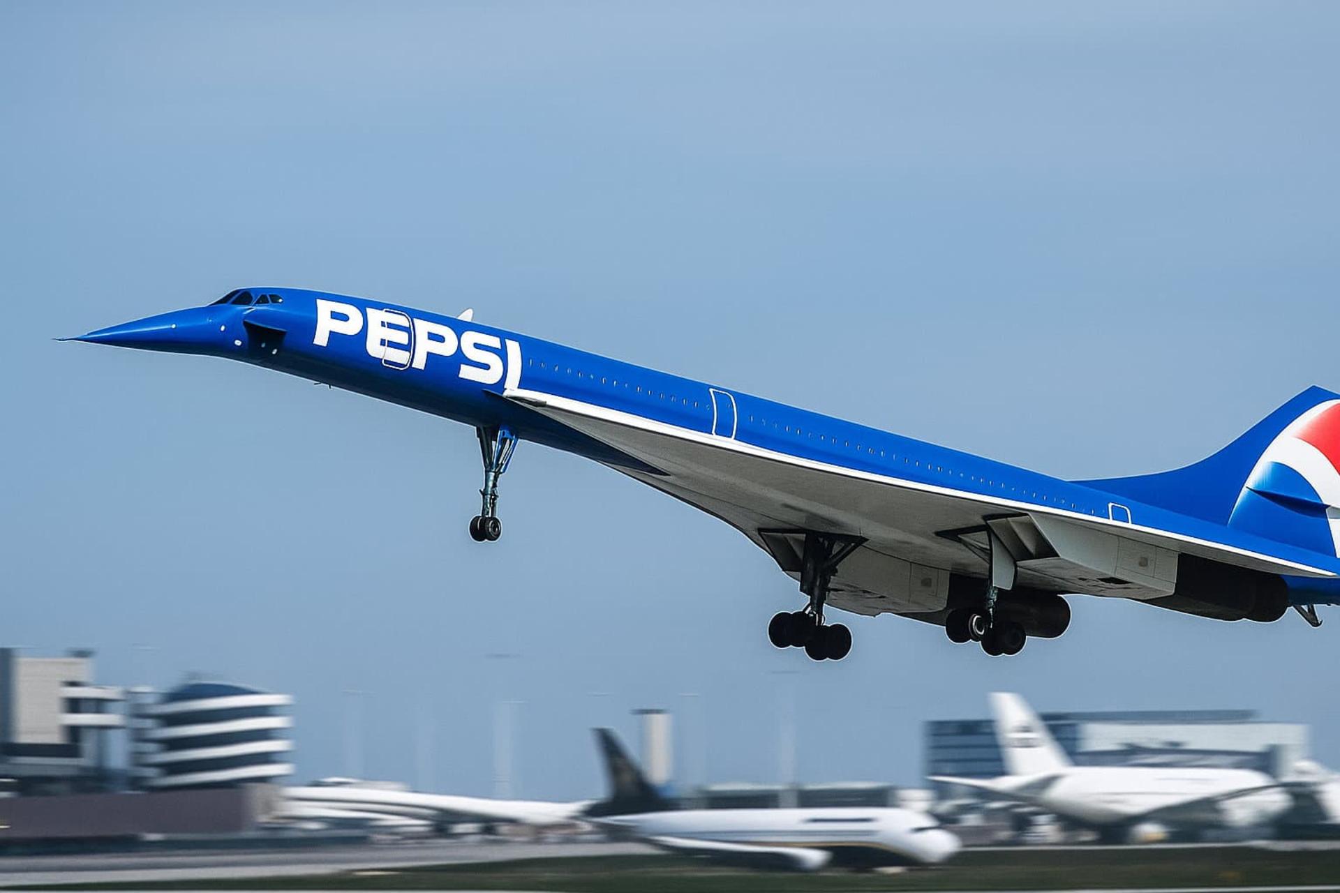 هواپیمای کنکورد به رنگ آبی و تبلیغ پپسی در حال بلند شدن