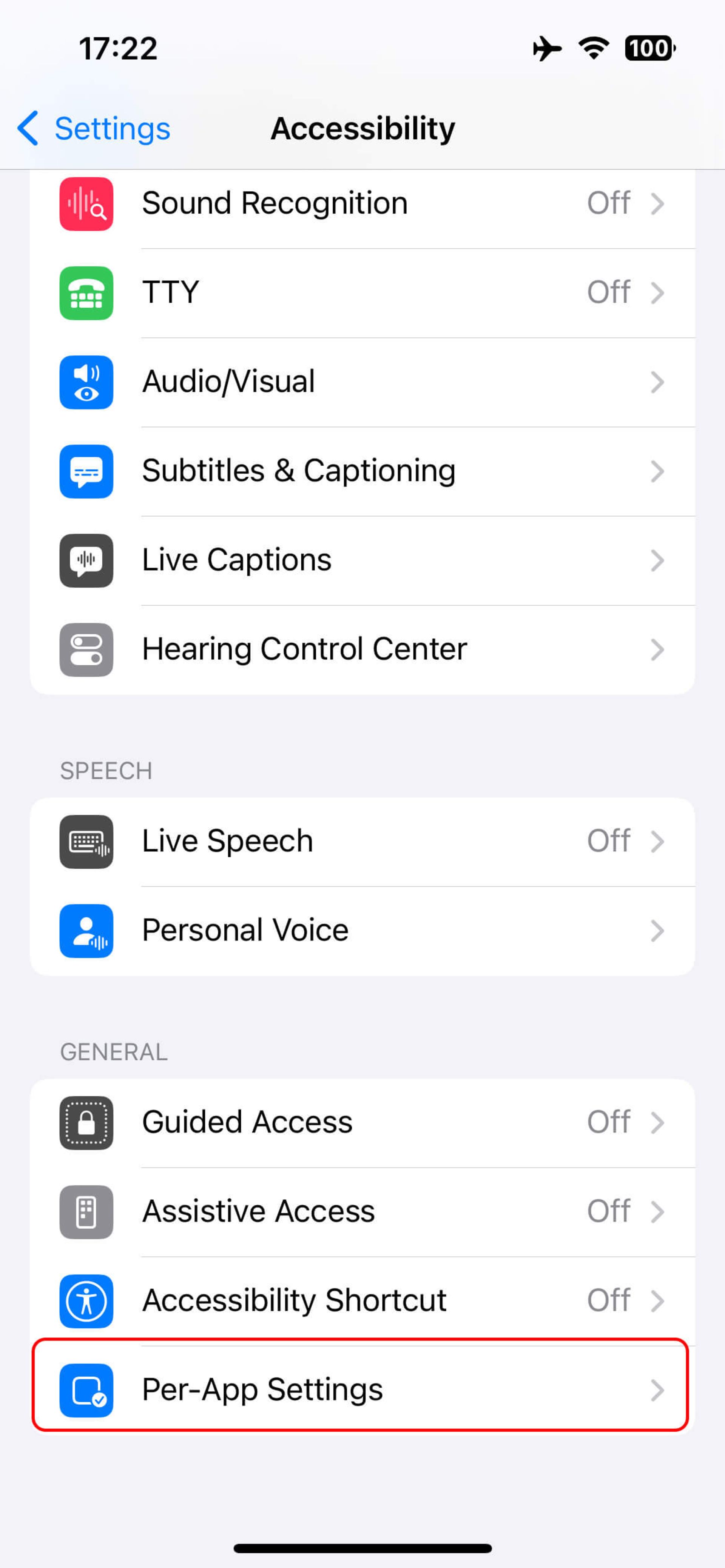 انتخاب Per-App Settings در بخش General