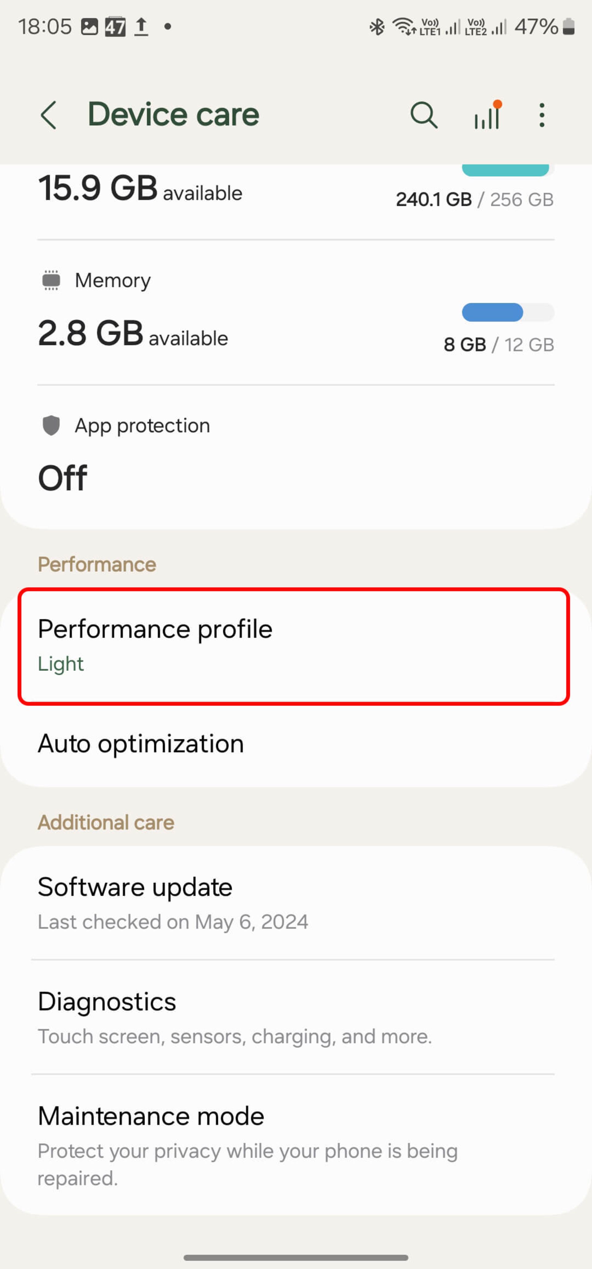 انتخاب گزینه performance profile